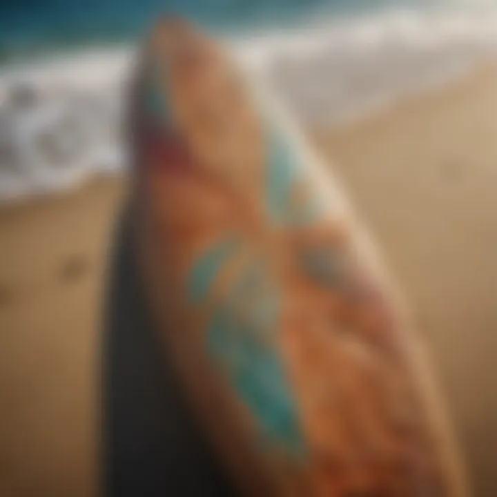 Colorful surfboard adorned with unique carve designs