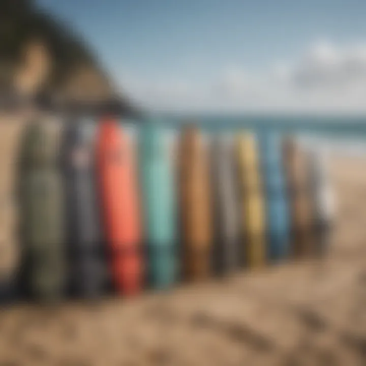 A collection of various affordable surfboard travel bags displayed on a beach