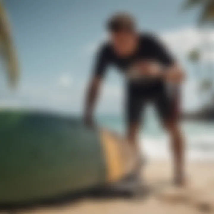 A surfer packing a surfboard into a travel bag