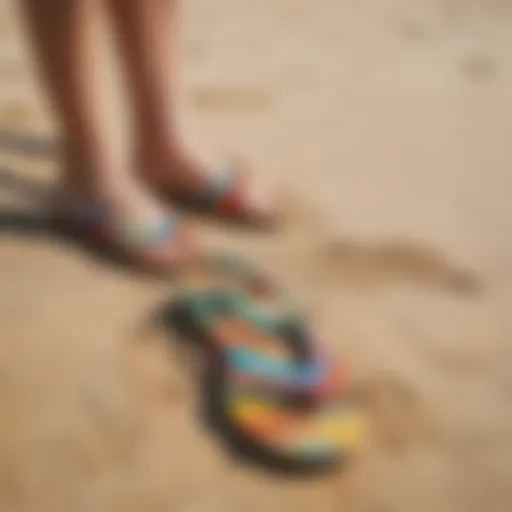 Vibrant rainbow sandals on a sandy beach