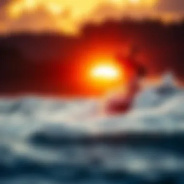 Surfer riding a powerful wave at sunrise