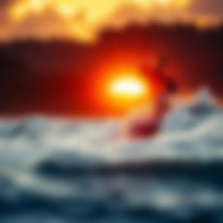 Surfer riding a powerful wave at sunrise