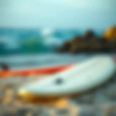 Surfboard on the Shore A close-up of a surfboard resting on the sand