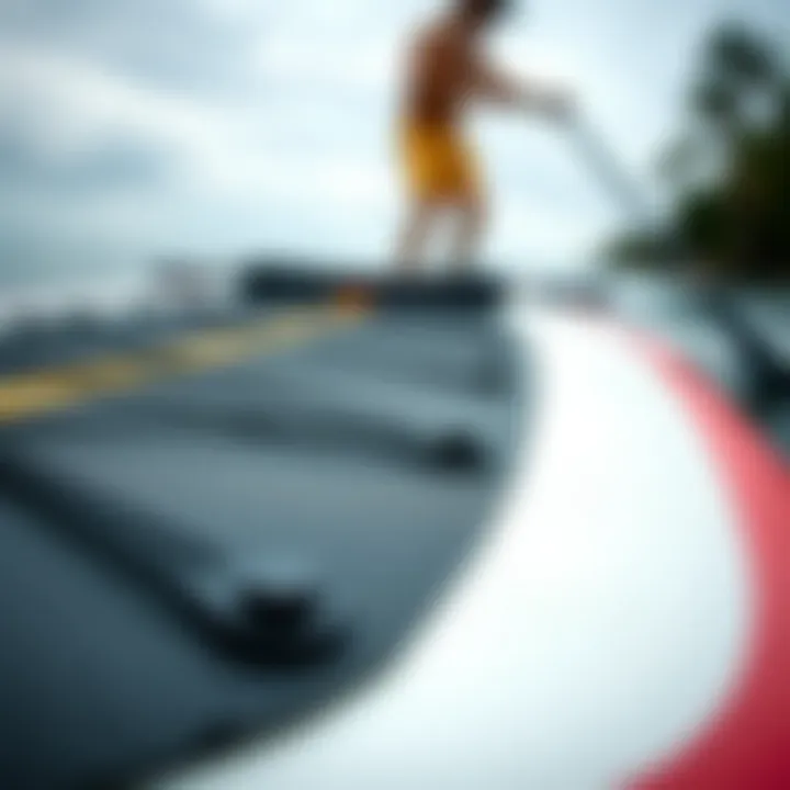 Close-up of an inflatable paddle board showcasing its texture and design