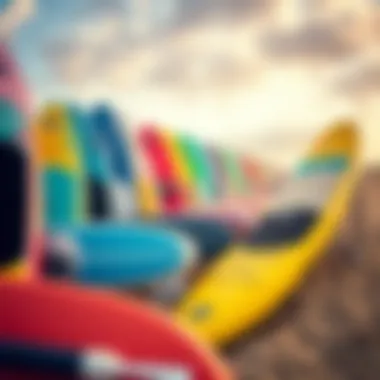 A vibrant display of various paddle board types lined up on a beach