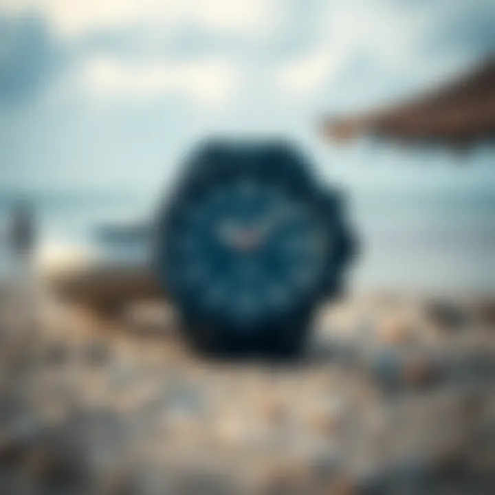 Stylish design of a freestyle surf watch against a beach backdrop