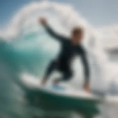 Close-up of a surfer riding a powerful wave influenced by wind direction