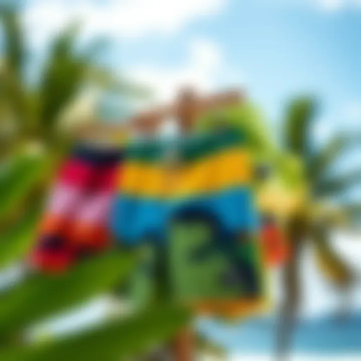 Vibrant Boardshorts Display Vibrant Greenline boardshorts displayed against a tropical backdrop