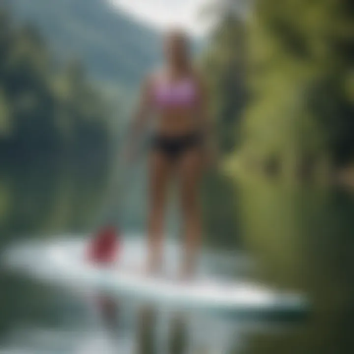 Paddleboard on a serene lake, illustrating the stability provided by Hydroflex materials