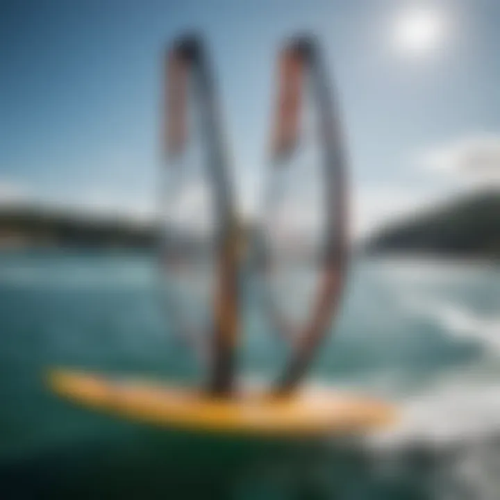 A detailed view of hydrofoil windsurfing equipment