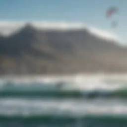 A stunning view of kite surfers riding the waves against the backdrop of Table Mountain