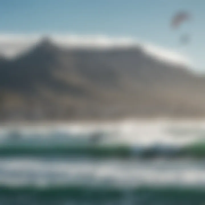 A stunning view of kite surfers riding the waves against the backdrop of Table Mountain