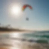 A breathtaking kite surfing beach with vibrant kites in the sky