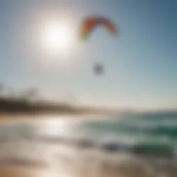 A breathtaking kite surfing beach with vibrant kites in the sky