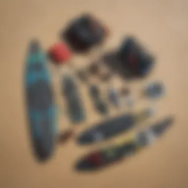 An array of essential kite surfing gear laid out on the sand