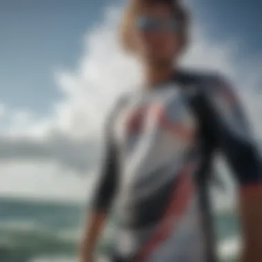 Close-up of fit and design elements on kiteboarding clothing