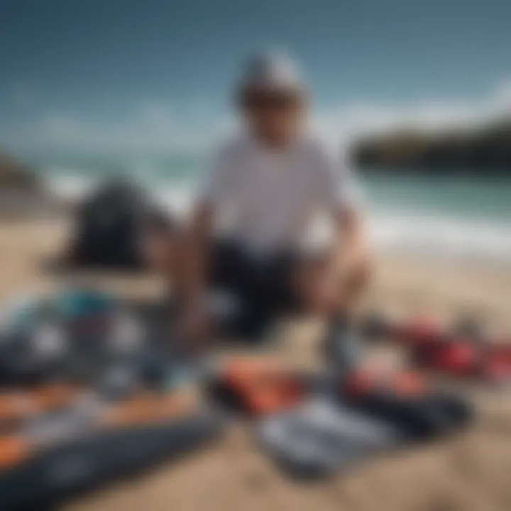 Various kiteboarding apparel laid out for seasonal selection