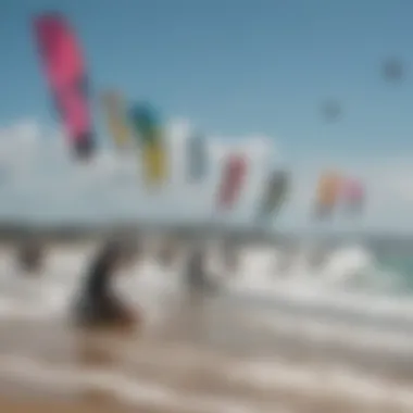 A group of kiteboarders showcasing various wings at a beach event