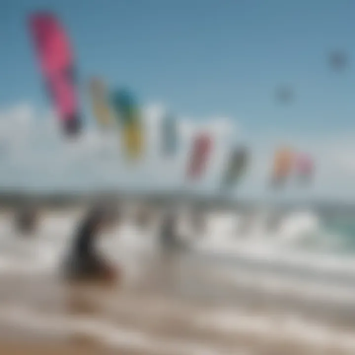 A group of kiteboarders showcasing various wings at a beach event