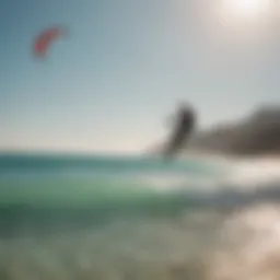 A vibrant kitesurfing scene on a Greek beach with clear skies and sparkling waters.