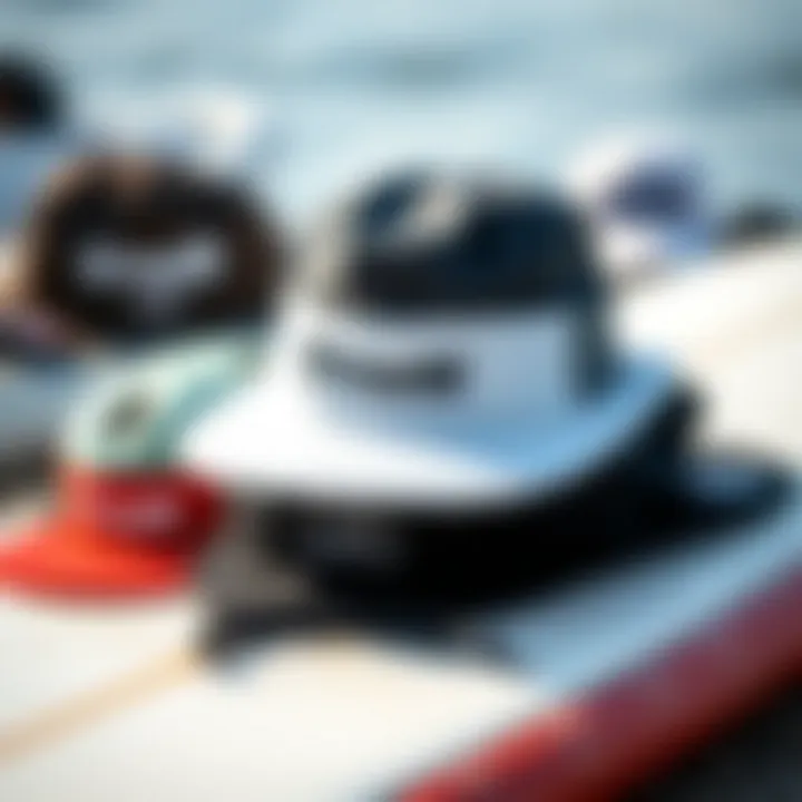 Different O'Neill surf hat styles displayed on a surfboard