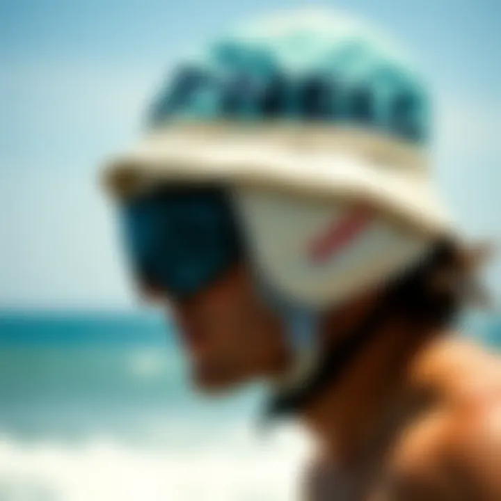 A surfer wearing an O'Neill surf hat during a sunny day