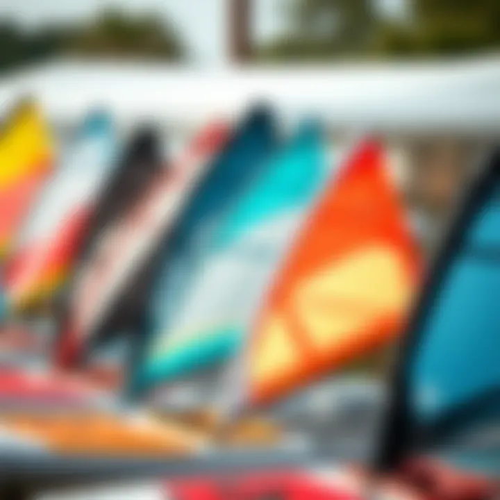 Close-up of different types of paddle board sails displayed outdoors