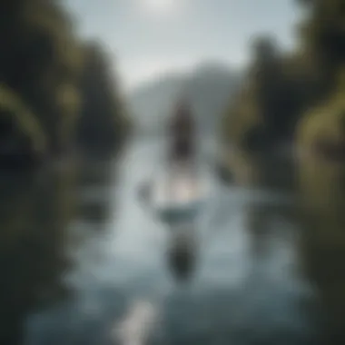 A scenic view of a paddle board in use on the water.