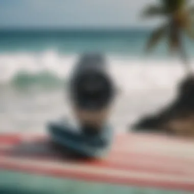 Rip Curl watch displayed on a surfboard against ocean backdrop