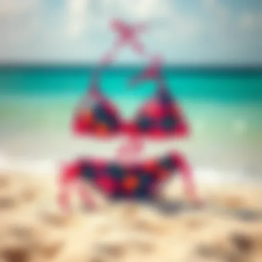 Vibrant Roxy bikini collection displayed on a sandy beach