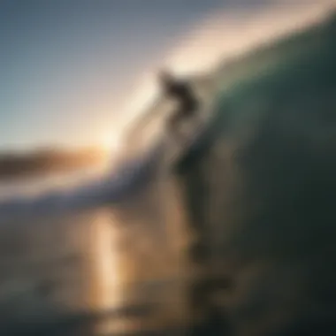 A dynamic surfer riding a wave at sunset