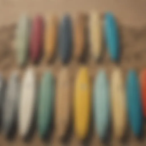 A selection of second hand surfboards displayed on a beach