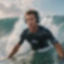 A surfer riding a wave with headphones on, immersed in music