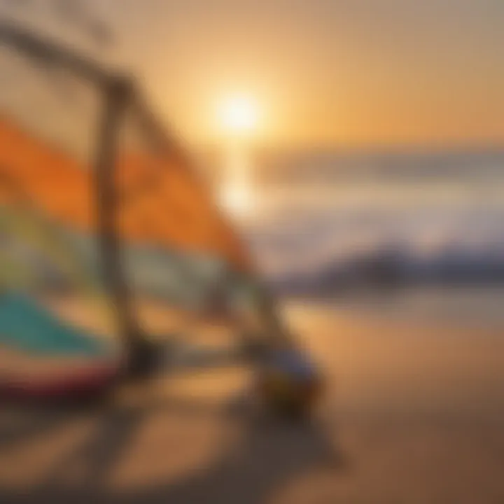 Close-up of kite surfing equipment set against a sunset