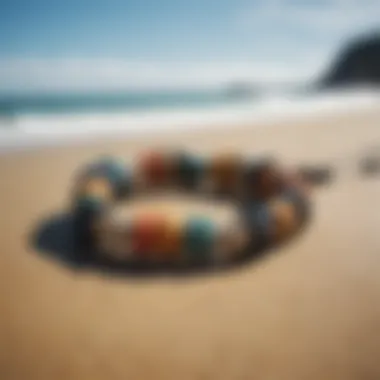 A scenic beach setting with surf bracelets displayed on a surfboard