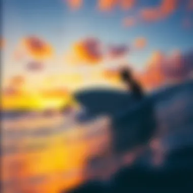 A vibrant sunset over a Hawaiian beach with surfers riding the waves