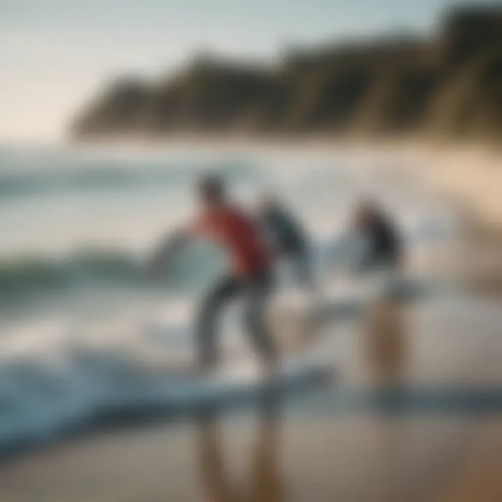 A group of novice surfers participating in a lesson on the beach.