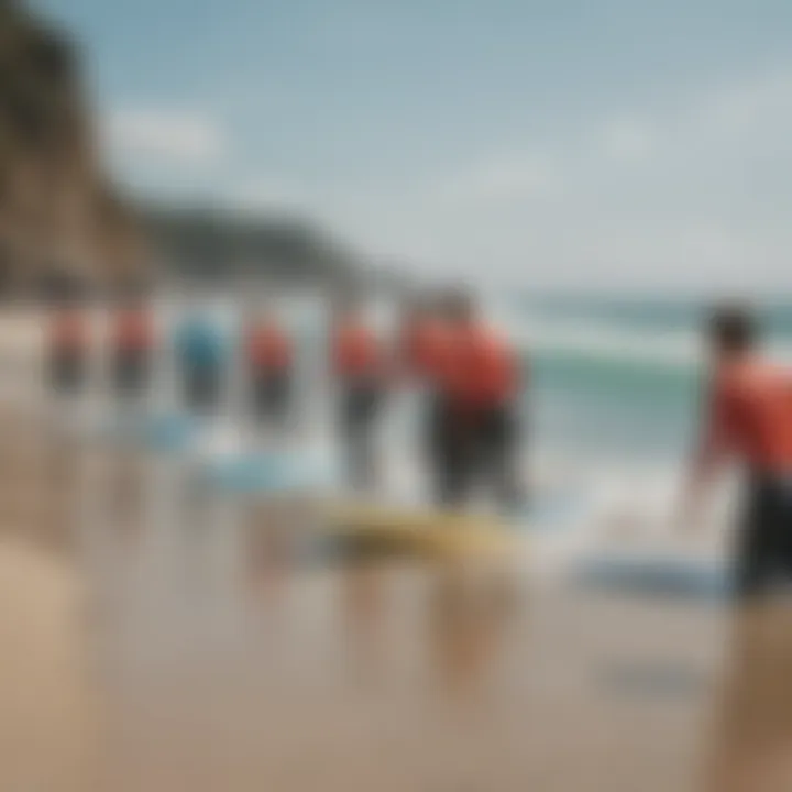 A vibrant surf camp community with participants engaged in a group lesson on the beach