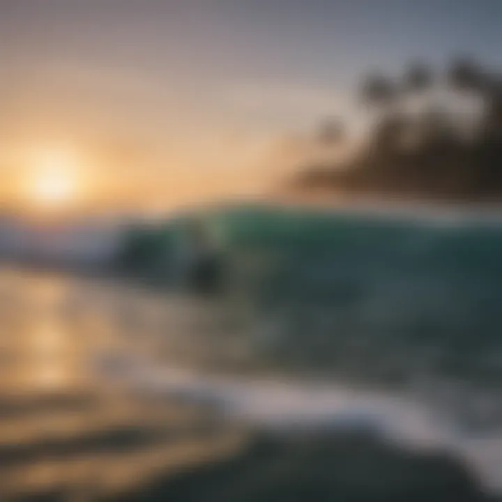 A breathtaking view of surfers riding waves at a tropical beach during sunset