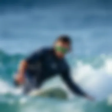 Action shot of a surfer wearing performance eyewear while catching a wave