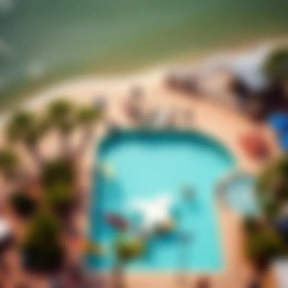 Aerial view of a surf pool in Texas surrounded by palm trees and surf enthusiasts