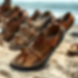 Historical surf style sandals displayed on a sandy beach