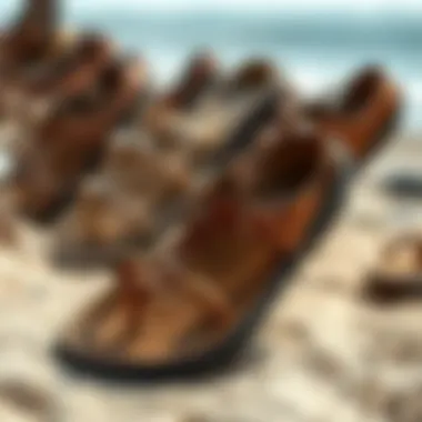 Historical surf style sandals displayed on a sandy beach