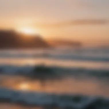 A breathtaking view of surfers tackling the waves at sunset