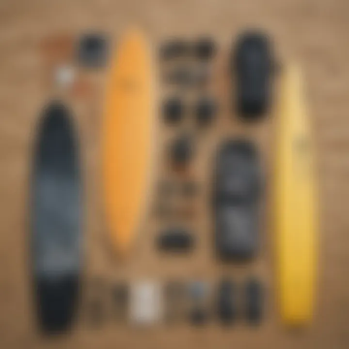 A collection of essential surfing equipment laid out on the beach