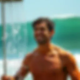 A surfer enjoying a refreshing outdoor shower after a long surf session