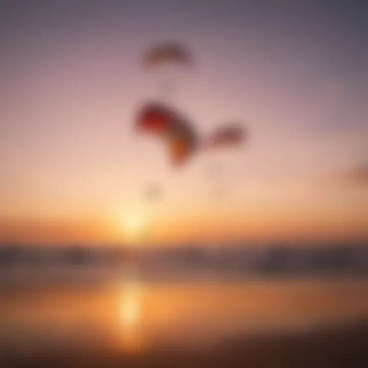 A vibrant sunset as a backdrop for multiple beat kites dancing in the wind