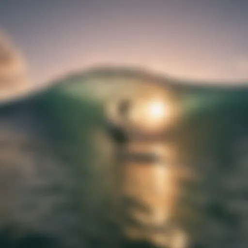 A breathtaking shot of a surfer riding a massive wave at sunset