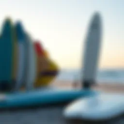 A diverse selection of surfboards displayed on a beach