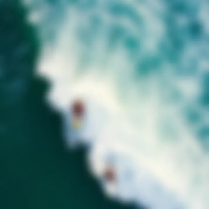 Aerial view of surfers riding waves